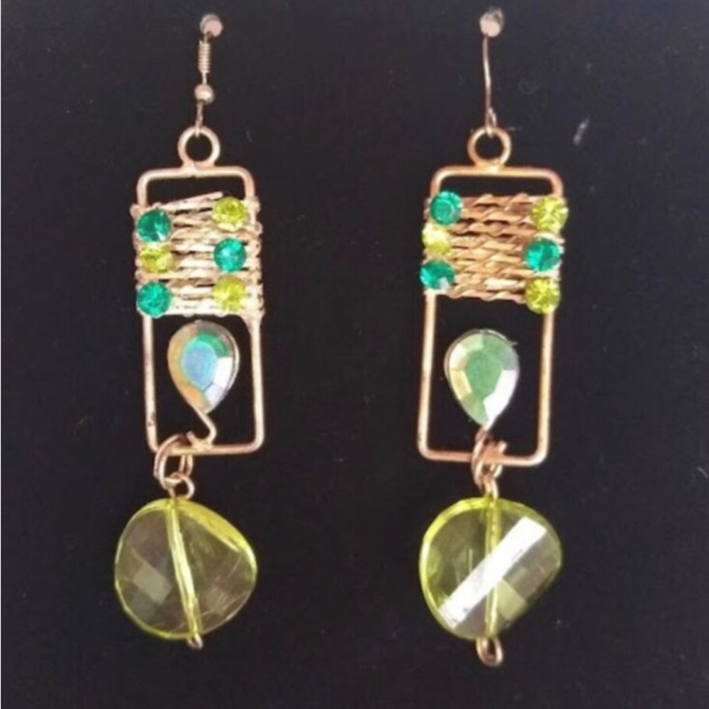 “Caged Tear” Green Abstract Geometric Teardrop Wire-Wrap Artisan Handmade Dangle